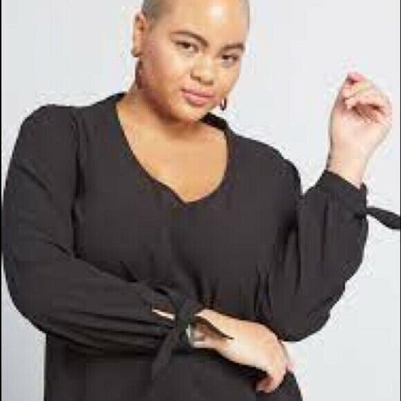 ModCloth Black Ideal Discovery V Neck Long Puff Sleeve Tie Cuffs Blouse Size XXS - Picture 3 of 11